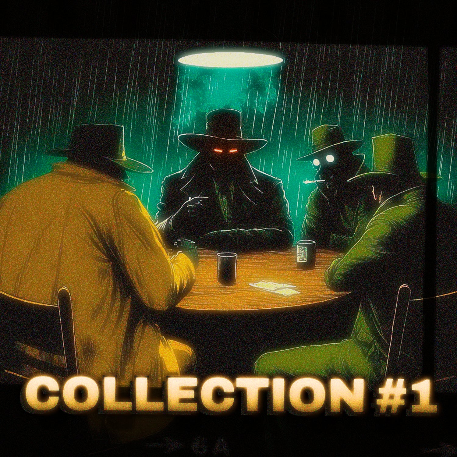 Collection #1 — four hatted figures around a card table under a green hanging lamp in the rain