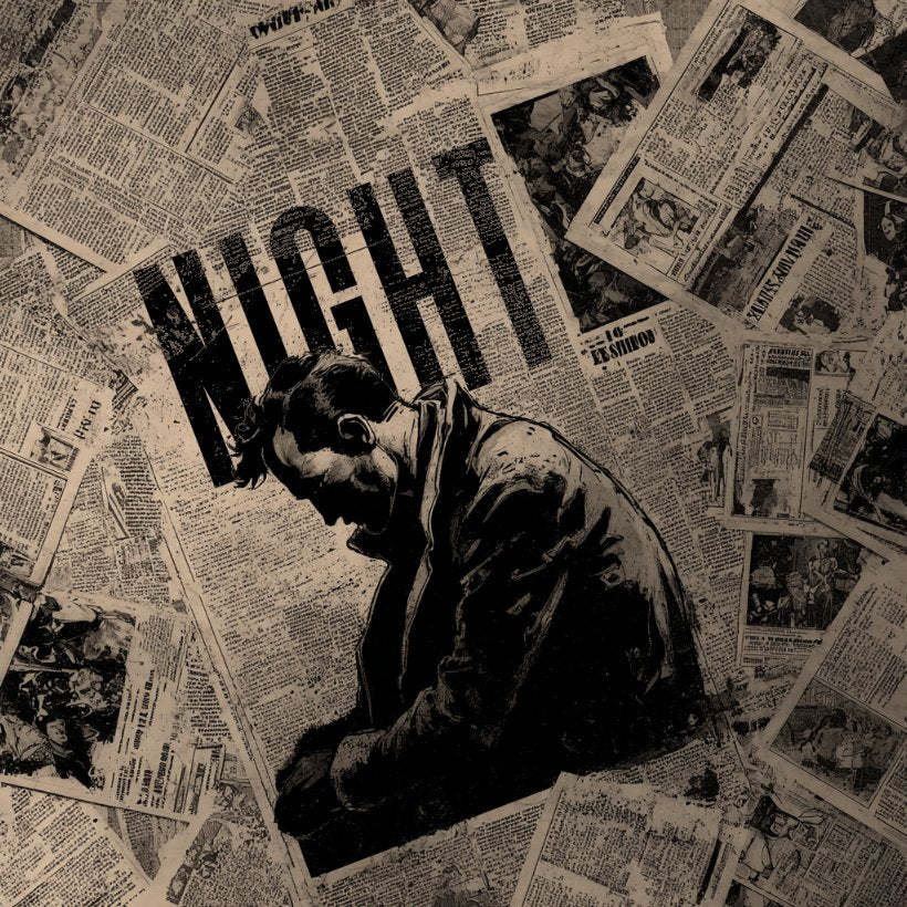 Night — hunched ink figure over sepia newsprint collage