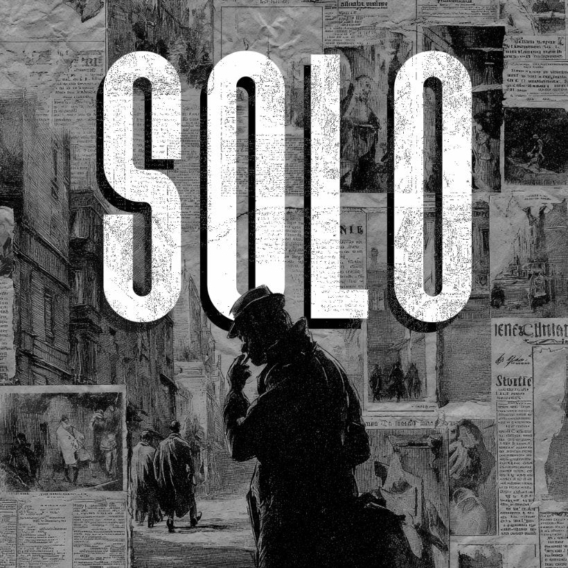 Solo — silhouetted man in a fedora in a foggy alley, vintage engraving